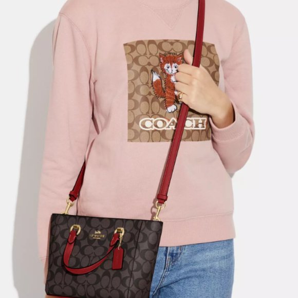 COACH Alice Satchel In Signature Canvas Brown/Red Crossbody...